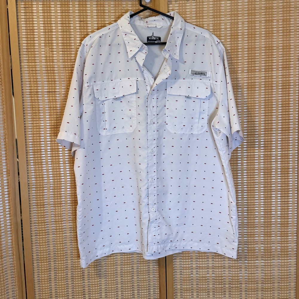 Habit Mens XL Fishing Shirt White Red Blue Fish Star Print UPF 40 Short Sleeve
